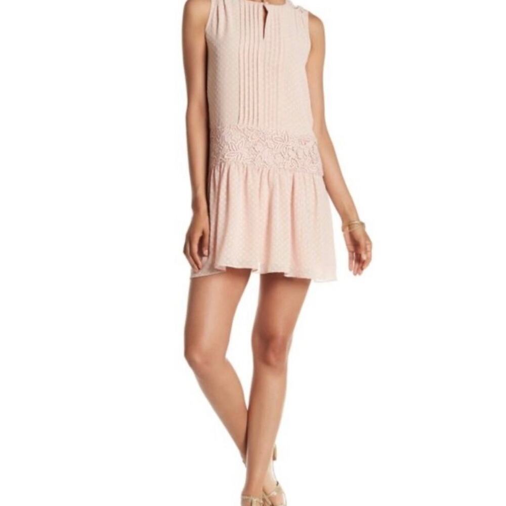 Marchesa Blush Pink Sleeveless Pleated Bib Mini Shift Dress Swiss Dot Lace XL